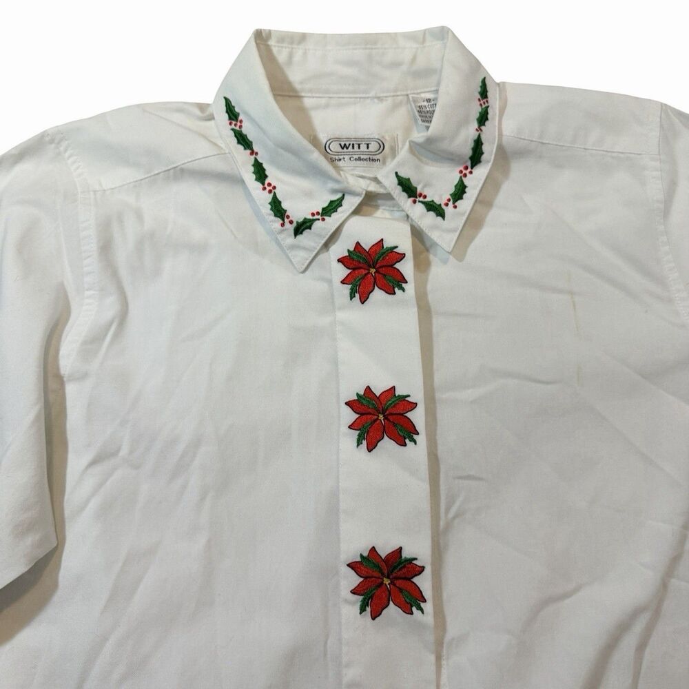 Witt Blouse Women's 12 White Embroidered Poinsettias Button Up Christmas STAIN